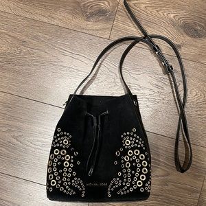 Michael Kors Cary Small Grommeted Suede Bucket Bag Black Suede